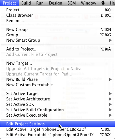 iPhone Box2D open project settings